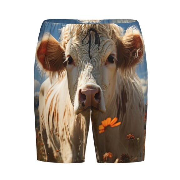 Lsque Daisy Meadow Cow Mens Sleep Pajama Shorts,Short Pajama Pants, Cotton Ultra-Soft Knit-Large