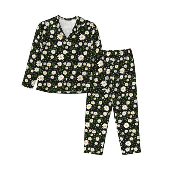 Lsque Daisy Pattern Long Sleeve Pajama Set for Women - Soft 2-Piece Sleepwear and Loungewear Set with Pockets, Comfy Nightwear-Medium