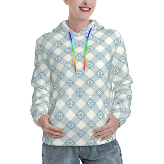 Lsque Daisy Plaid Blue Pattern Casual Women's Hoodie,Hooded Sweatshirt with Kangaroo Pocket,Pullover Hoodie with Eye-catching Drawstrings-Large