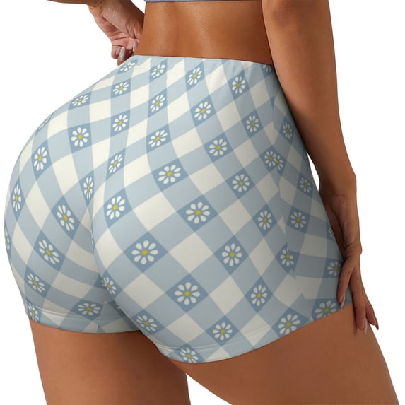 Lsque Daisy Plaid Blue Pattern High Waisted Biker Shorts for Women-Tummy Control Fitness Athletic Workout Running Yoga Gym Shorts,Moisture-Wicking-X-Large