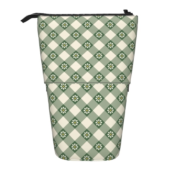 Lsque Daisy Plaid Green Pattern Telescopic Pencil Bag Pen Holder Stationery Case, Stand-up Retractable Transformer Bag Organizer