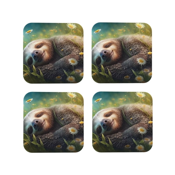 Lsque Daisy Sleeping Sloth Pattern 4" Drink Coasters Set of 4, PVC Leather Absorbent Coasters, Table Coaster Set Decorative Coffee Cup Coasters Housewarming Gift -Square