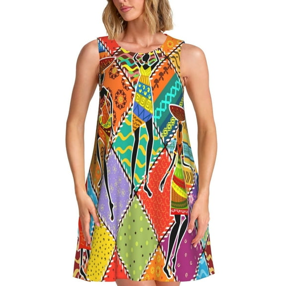 Lsque Dancing African Womans Pattern Summer Dresses for Women – Sleeveless T-Shirt Swing Sundress, Perfect for the Beach and Casual Days