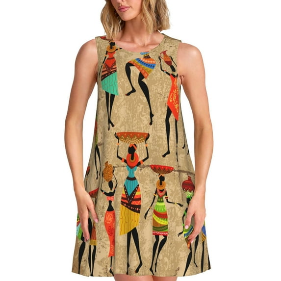 Lsque Dancing African Women Pattern Summer Dresses for Women – Sleeveless T-Shirt Swing Sundress, Perfect for the Beach and Casual Days