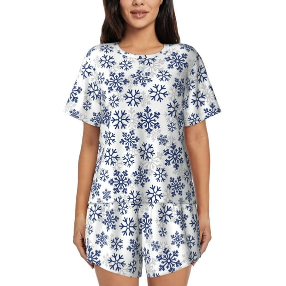 Lsque Dark Blue Snowflakes Women's Short-Sleeved Pajama Set - 2 Piece Soft and Lightweight Sleepwear Set-Small