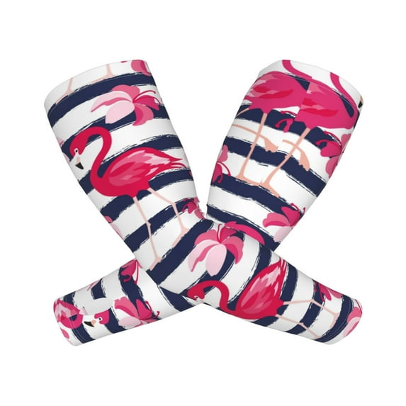 Lsque Dark Blue Stripes and Pink Flamingos Cooling Arm Sleeves for Men & Women -Compression Sleeves to Cover Arms for Working,Sun Sleeves for UV Protection,Breathable, Moisture-Wicking