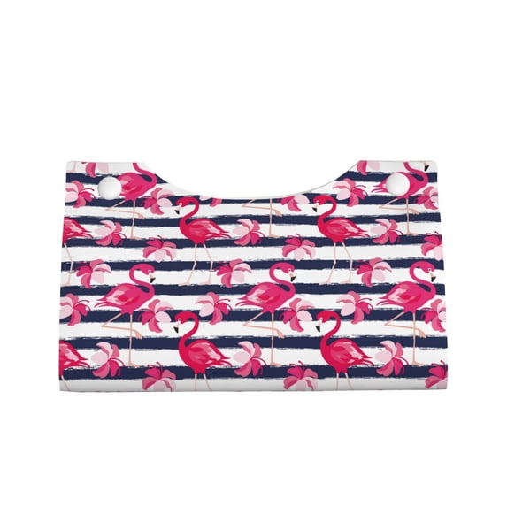 Lsque Dark Blue Stripes and Pink Flamingos Printed Long Tissue Box Cover Holder, Facial Paper Organizer Dispenser,Triangle with Bottom Belt, PVC Leather Decorative Organizer