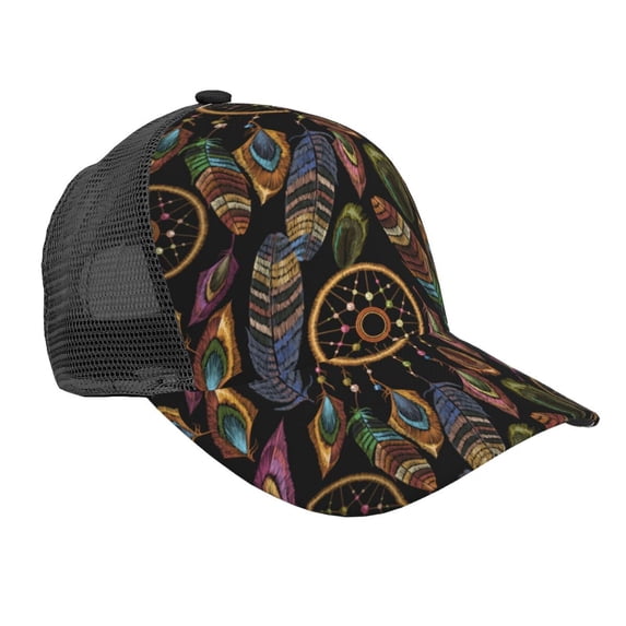 Lsque Decorative Feathers Printed Trucker Hat - Baseball Cap for Men Women - Breathable Mesh Side, Adjustable Fit - for Casual Wear