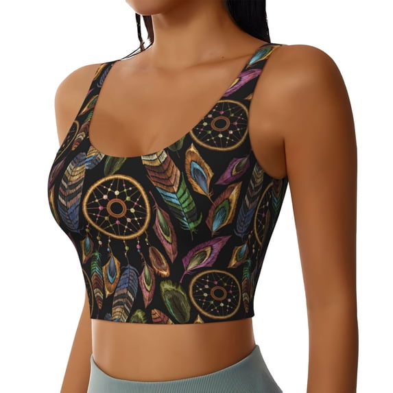 Lsque Decorative Feathers Printed Women'S Sports Bra, Compression, Moisture Wicking, High-Impact Sports Bra For Women,Supportive sports bra-Small
