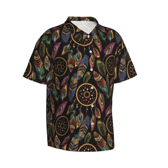 Lsque Decorative Feathers pattern Hawaiian Shirt for Men, Unisex Summer Beach Casual Short Sleeve Button Down Shirts-Small