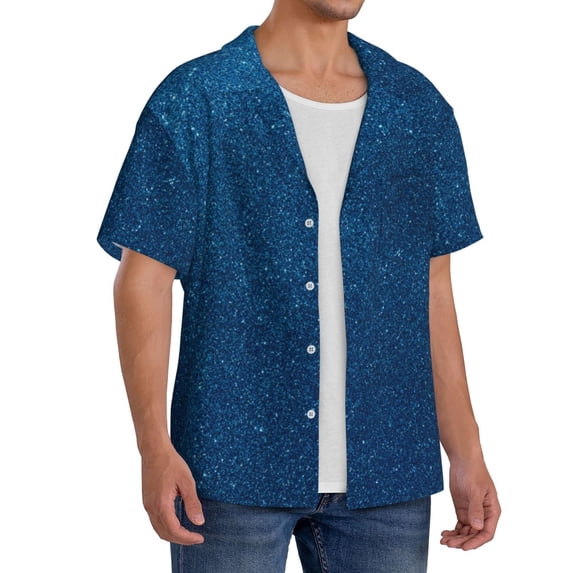 Lsque Deep Blue Glitter print Men's Cuban Collar Short Sleeve Shirt Summer Beachwear Casual Button Down Fashionable Vacation Leisure Shirt-Large