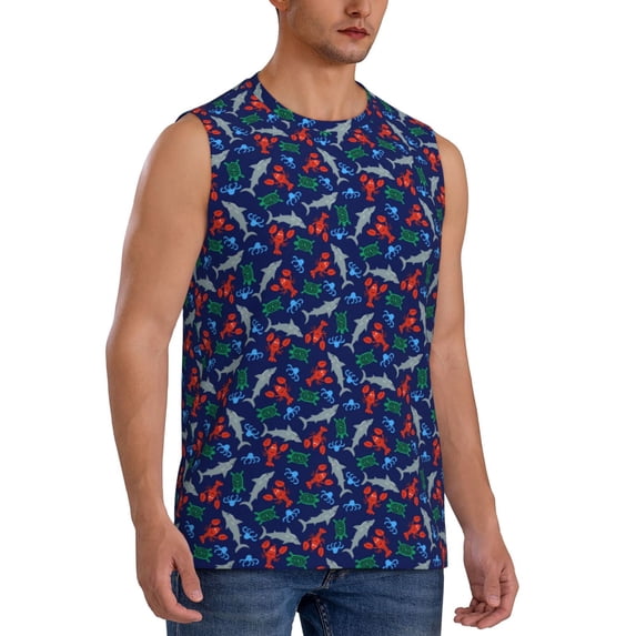 Lsque Deep Down In The Ocean Print Men's Cotton Blend Sleeveless Muscle Shirts (S-3XL)- Moisture Wicking, Odor Protection, UPF 30+,XX-Large