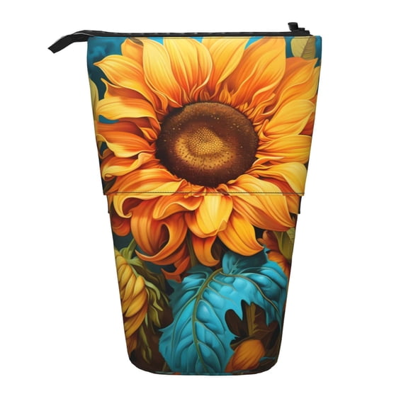 Lsque Deep Yellow Colorful Sunflower Pattern Telescopic Pencil Bag Pen Holder Stationery Case, Stand-up Retractable Transformer Bag Organizer