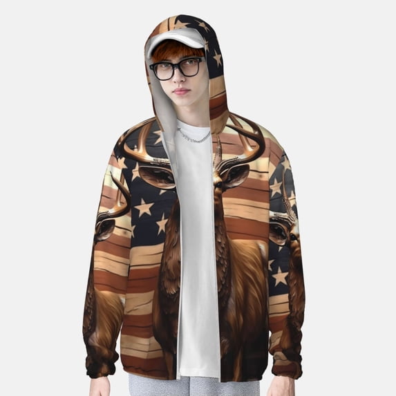 Lsque Deer American Flag Vintage UPF 50+ Lightweight Sun Protection Men's Women's Long Sleeve Shirt, Hoodie Performance -Large