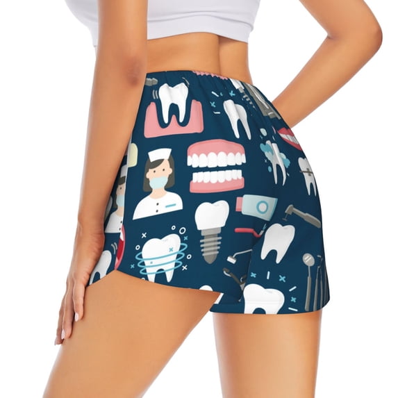 Lsque Dental Printed Women's Running Shorts with Liner Pockets,Elastic Quick Dry Workout Athletic Gym Yoga Shorts,Womens High Waist Shorts-Large