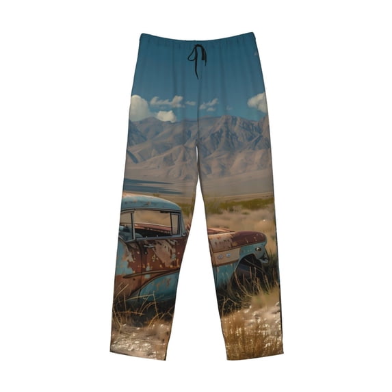 Lsque Deserted Classic Car Landscape Print Men's Pajama Pants, Lounge Pant - Comfortable Home Wear,Elastic Waistband, Stylish Design-X-Large