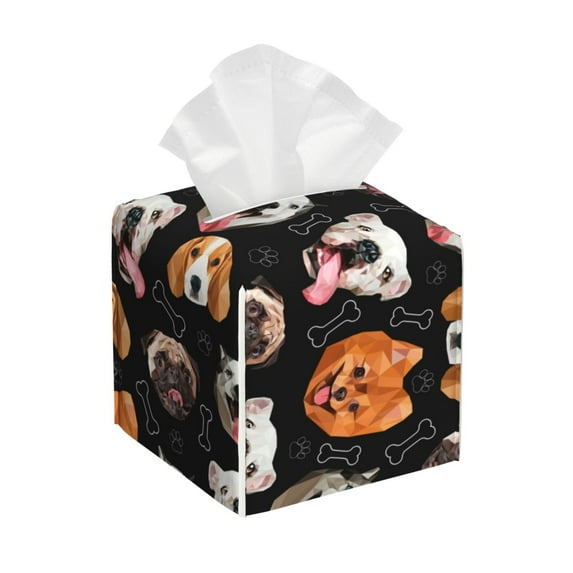 Lsque Different Breeds Of Dogs Printed Tissue Box Cover Holder, Facial Paper Organizer Dispenser,Square with Bottom Belt, PVC Leather Decorative Organizer