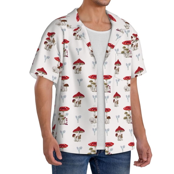 Lsque Different Mushrooms print Men's Cuban Collar Short Sleeve Shirt Summer Beachwear Casual Button Down Fashionable Vacation Leisure Shirt-Small