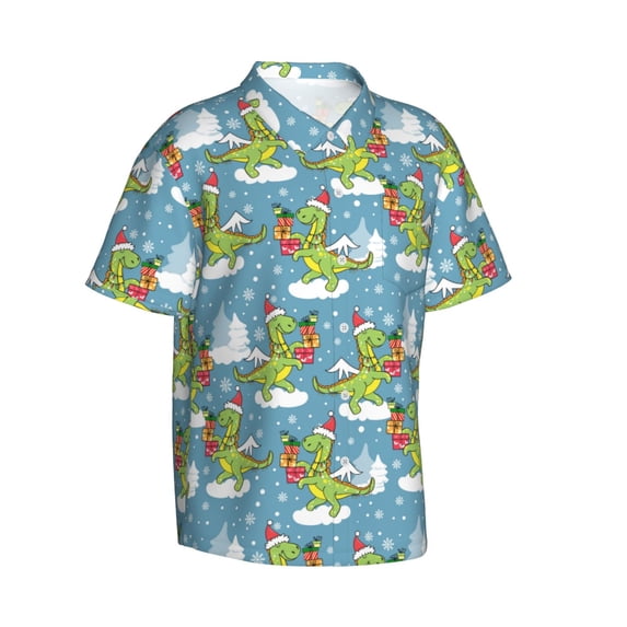 Lsque Dino Christmas Adventure Snowy Blue pattern Hawaiian Shirt for Men, Unisex Summer Beach Casual Short Sleeve Button Down Shirts-Medium