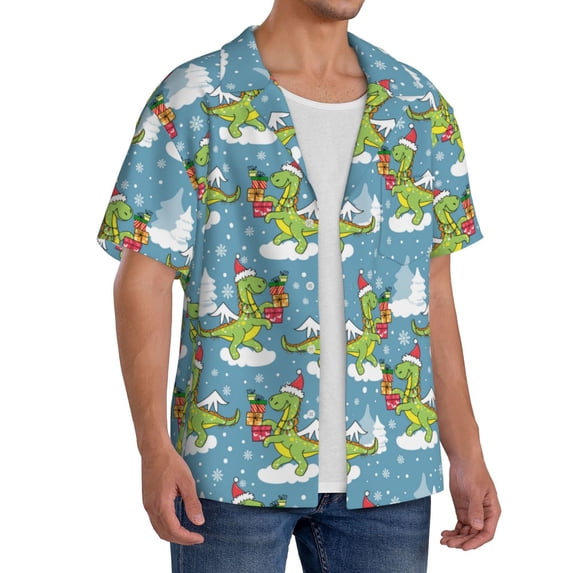 Lsque Dino Christmas Adventure Snowy Blue print Men's Cuban Collar Short Sleeve Shirt Summer Beachwear Casual Button Down Fashionable Vacation Leisure Shirt-4X-Large