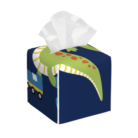Lsque Dino Playing Roller Skate Printed Tissue Box Cover Holder, Facial Paper Organizer Dispenser,Square with Bottom Belt, PVC Leather Decorative Organizer