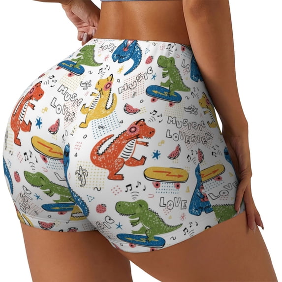 Lsque Dinosaur (2) Pattern High Waisted Biker Shorts for Women-Tummy Control Fitness Athletic Workout Running Yoga Gym Shorts,Moisture-Wicking-Medium