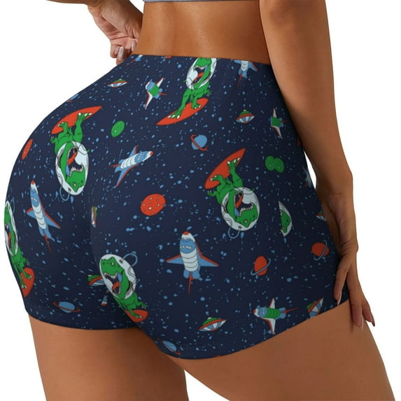 Lsque Dinosaur Astronaut Pattern High Waisted Biker Shorts for Women-Tummy Control Fitness Athletic Workout Running Yoga Gym Shorts,Moisture-Wicking-Large