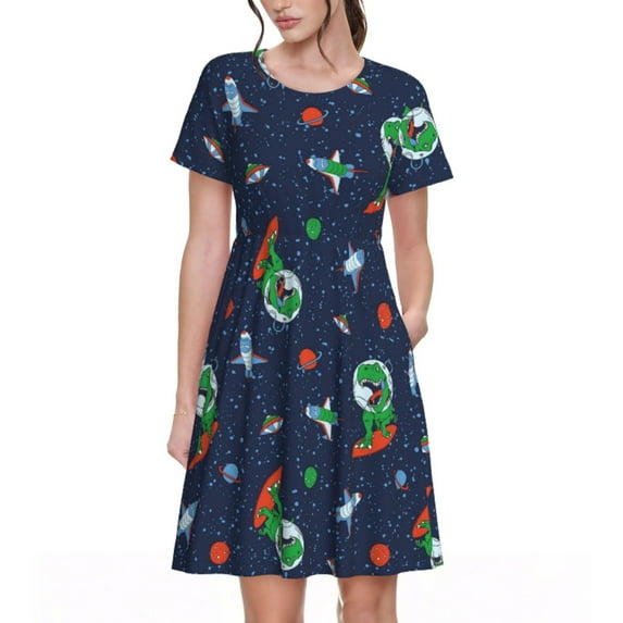 Lsque Dinosaur Astronaut Print Women's Casual Dress T-Shirt Summer Short Sleeve Scoop Neck Swing Dresses