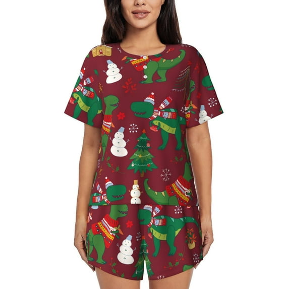 Lsque Dinosaur Christmas Happy New Year Women's Short-Sleeved Pajama Set - 2 Piece Soft and Lightweight Sleepwear Set-Large