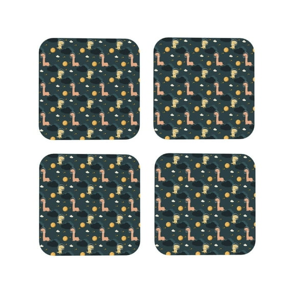 Lsque Dinosaur In The Space Pattern 4" Drink Coasters Set of 4, PVC Leather Absorbent Coasters, Table Coaster Set Decorative Coffee Cup Coasters Housewarming Gift -Square