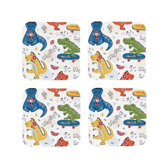 Lsque Dinosaur Pattern 4" Drink Coasters Set of 4, PVC Leather Absorbent Coasters, Table Coaster Set Decorative Coffee Cup Coasters Housewarming Gift -Square