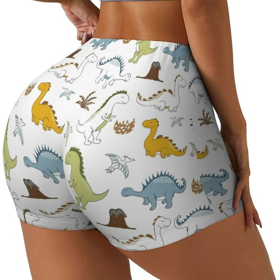 Lsque Dinosaur Pattern High Waisted Biker Shorts for Women-Tummy Control Fitness Athletic Workout Running Yoga Gym Shorts,Moisture-Wicking-Medium