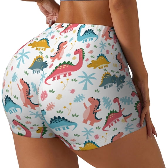 Lsque Dinosaur Pattern High Waisted Biker Shorts for Women-Tummy Control Fitness Athletic Workout Running Yoga Gym Shorts,Moisture-Wicking-X-Large