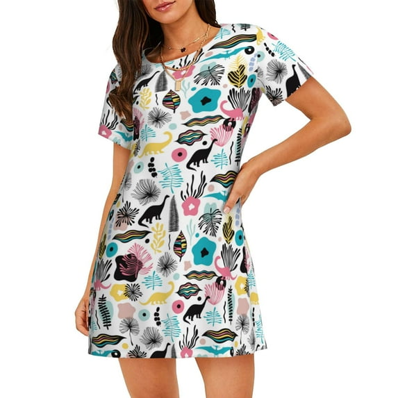Lsque Dinosaur Pattern Nightgowns for Women Sleep Shirts Short Sleeve Nightshirt Pullover Nightdress Soft Sleepwear Relaxed Fit Nightdress