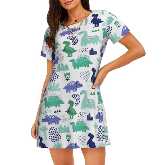 Lsque Dinosaur Pattern Nightgowns for Women Sleep Shirts Short Sleeve Nightshirt Pullover Nightdress Soft Sleepwear Relaxed Fit Nightdress