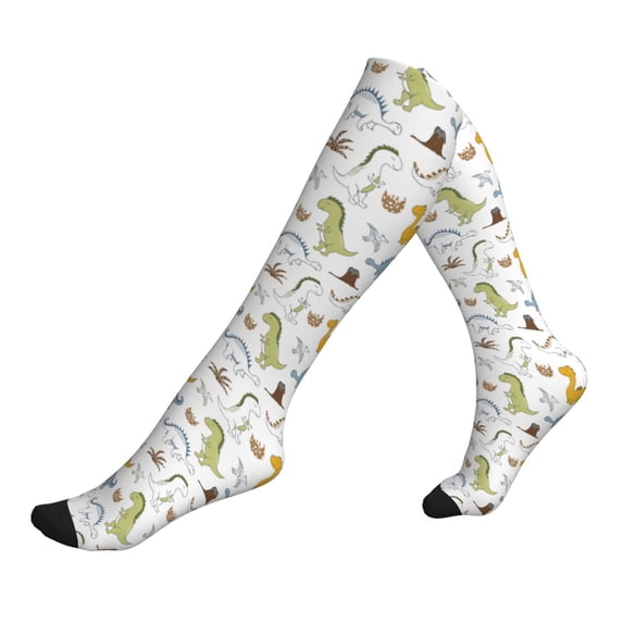 Lsque Dinosaur Pattern Sport Compression Socks for Men & Women 15-20 mmHg Knee High Nurse Pregnant Running Medical and Travel Athletic