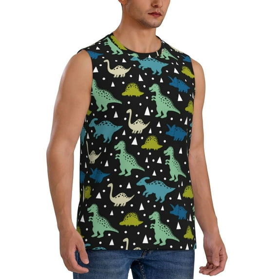 Lsque Dinosaur Print Men's Cotton Blend Sleeveless Muscle Shirts (S-3XL)- Moisture Wicking, Odor Protection, UPF 30+,Large