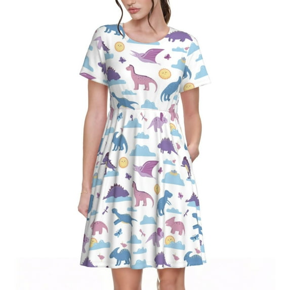 Lsque Dinosaur Print Women's Casual Dress T-Shirt Summer Short Sleeve Scoop Neck Swing Dresses