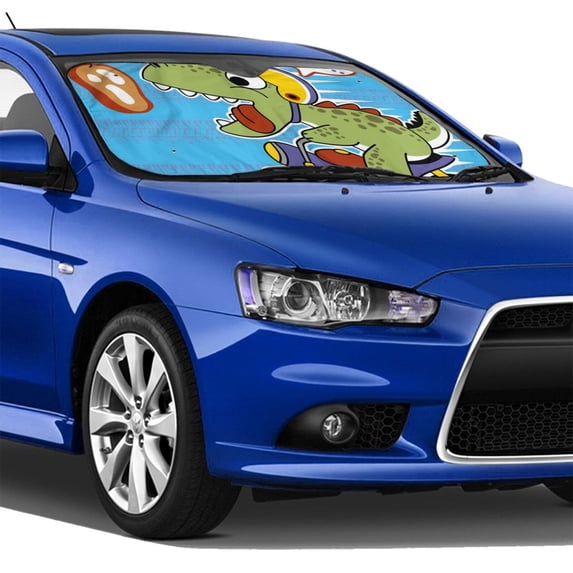 Lsque Dinosaur Riding a Motorcycle Car Windshield Sun Shade | Accordion Folding Style Auto Shade for Car Truck SUV Van | Blocks UV Rays Sun Visor Protector | Small