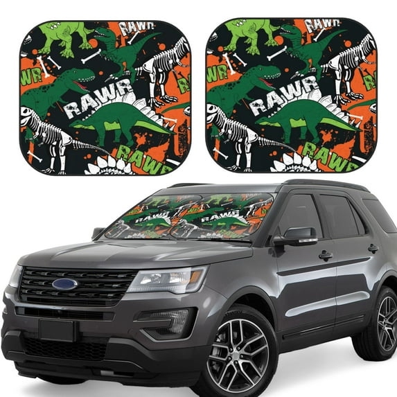 Lsque Dinosaur Skeleton 2 PCS Windshield Sun Shade | CarFoldable Window Covers | Car Accessories Reflect UV for Universal Cars SUV Truck | Medium
