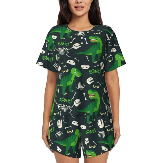 Lsque Dinosaur and Bone Women's Short-Sleeved Pajama Set - 2 Piece Soft and Lightweight Sleepwear Set-Large