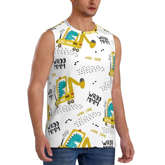 Lsque Dinosaur on Excavator Print Men's Cotton Blend Sleeveless Muscle Shirts (S-3XL)- Moisture Wicking, Odor Protection, UPF 30+,X-Large
