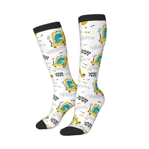 Lsque Dinosaur on Excavator Printed Crew Socks Men's Women's LightWeight Thin Casual Calf Socks ,Knee High Socks,Cotton Socks