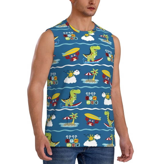 Lsque Dinosaur on the Beach Vacation Print Men's Cotton Blend Sleeveless Muscle Shirts (S-3XL)- Moisture Wicking, Odor Protection, UPF 30+,X-Large