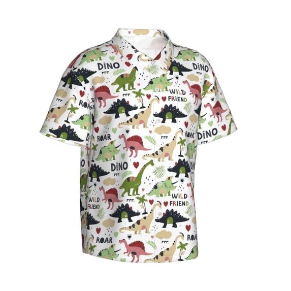 Lsque Dinosaur pattern Hawaiian Shirt for Men, Unisex Summer Beach Casual Short Sleeve Button Down Shirts-Large