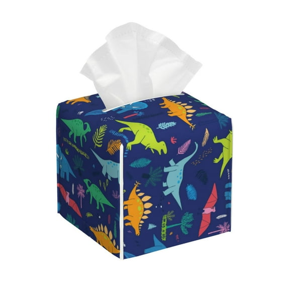Lsque Dinosaurs Adventure Printed Tissue Box Cover Holder, Facial Paper Organizer Dispenser,Square with Bottom Belt, PVC Leather Decorative Organizer