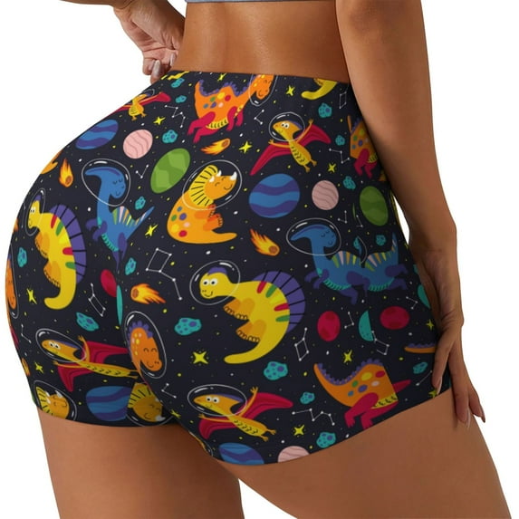 Lsque Dinosaurs in Space Pattern High Waisted Biker Shorts for Women-Tummy Control Fitness Athletic Workout Running Yoga Gym Shorts,Moisture-Wicking-Large