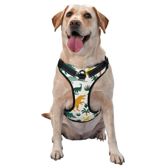 Lsque Dinosaurs and Tropical Leaves Dog Harness, No-Pull Pet Harness with 2 Leash Clips, Adjustable Soft Padded Dog Vest with Easy Control Handle for Large Dogs-Small
