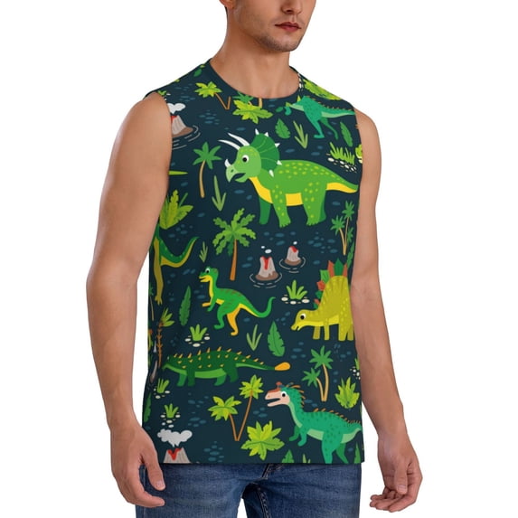 Lsque Dinosaurs and Flowers Print Men's Cotton Blend Sleeveless Muscle Shirts (S-3XL)- Moisture Wicking, Odor Protection, UPF 30+,Medium