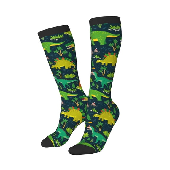 Lsque Dinosaurs and Flowers Printed Crew Socks Men's Women's LightWeight Thin Casual Calf Socks ,Knee High Socks,Cotton Socks
